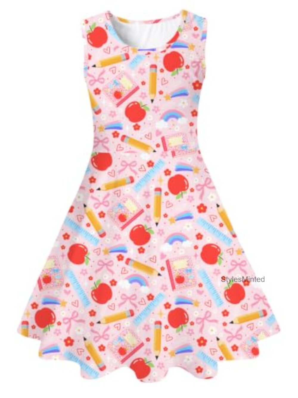 Girls Sleeveless A-Line Back to School Dress, Graphic Print Pencil Book